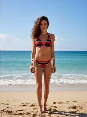 Juicy Couture Red, Navy & White Striped Halter Bikini Set
